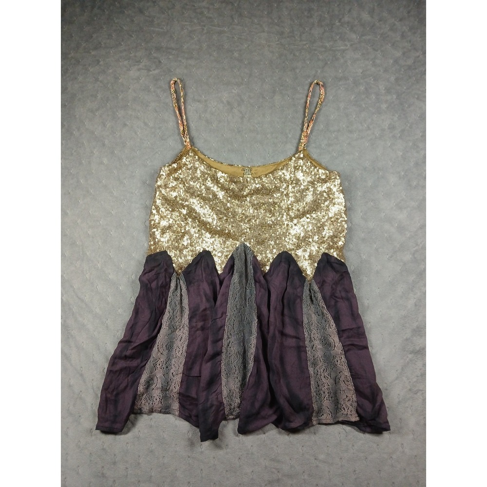 BKE Buckle Y2K Gold Sequin Camisole Top Purple Lace Mixed Media Boho Tank Large